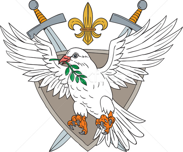 Dove Olive Leaf Sword Fleur De Lis Crest Drawing Stock photo © patrimonio