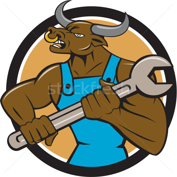 Stock photo: Mechanic Minotaur Bull Spanner Circle Cartoon