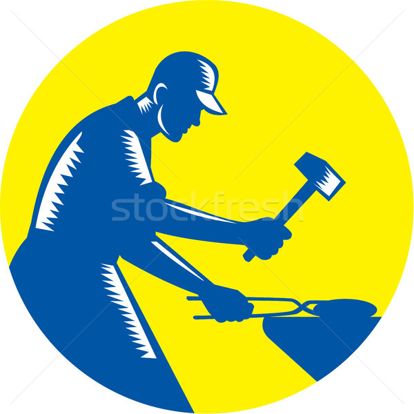 Blacksmith Worker Forging Iron Circle Woodcut Stock photo © patrimonio