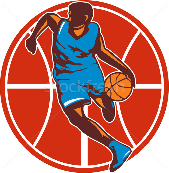 Stock photo: Basketball Player Dribble Ball Front Retro