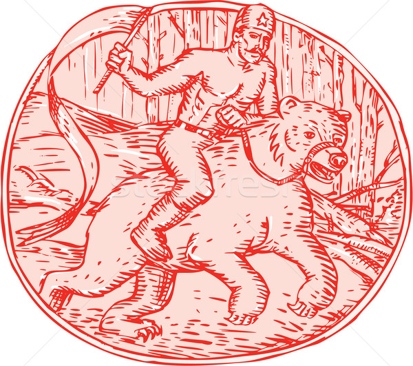 Russian Soldier Riding Bear Etching Stock photo © patrimonio