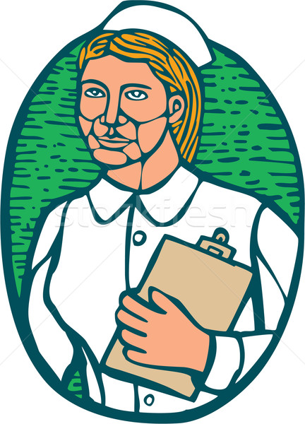 Nurse Holding Clipboard Oval Woodcut Linocut Stock photo © patrimonio