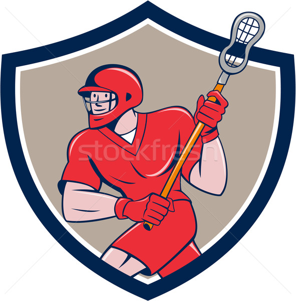 Foto stock: Lacrosse · jugador · palo · ejecutando · escudo · Cartoon