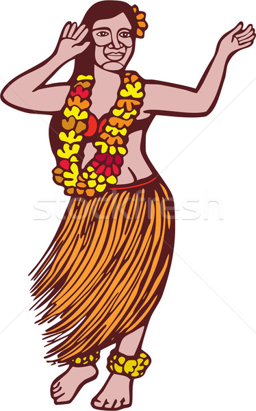 Polynesian Dancer Grass Skirt Linocut Stock photo © patrimonio
