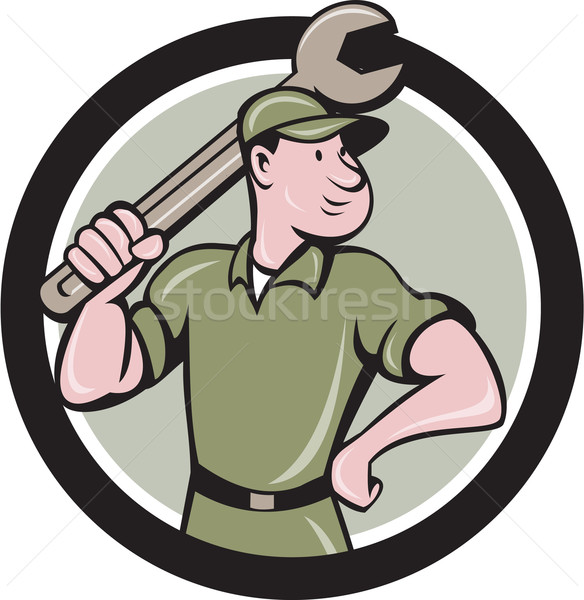 Mechanic Wielding Spanner Circle Cartoon Stock photo © patrimonio