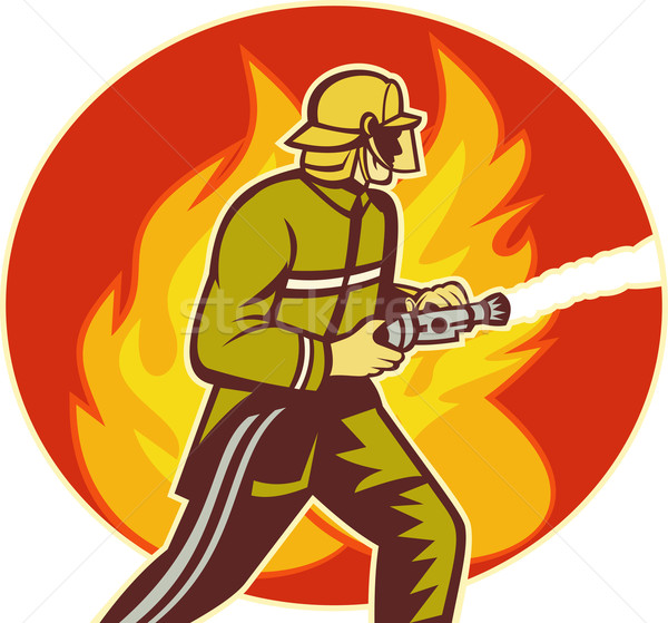 Firefighter fireman with water hose fighting fire Stock photo © patrimonio