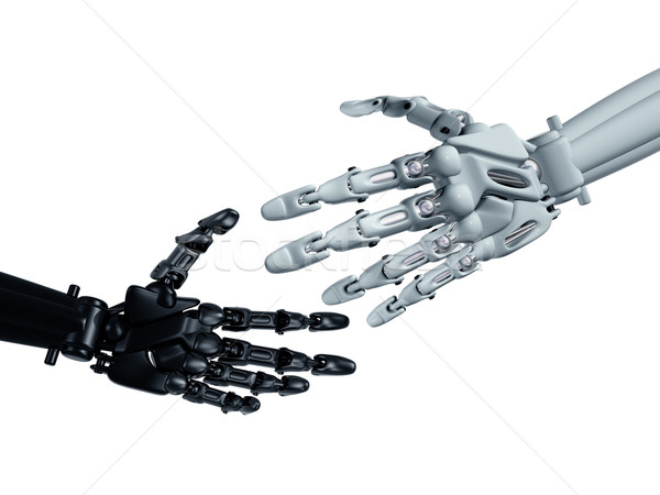 Uit humanoid robots handen schudden technologie handdruk Stockfoto © paulfleet