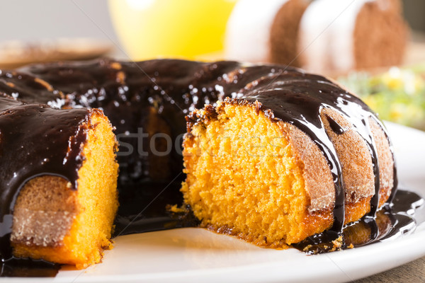 Karottenkuchen Schokolade Scheibe Tabelle Textur Kuchen Stock foto © paulovilela
