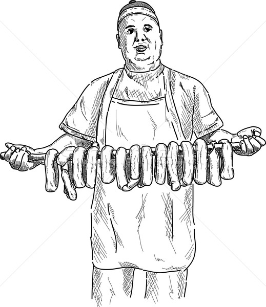 butcher with a stick full of sausage Stock photo © pavelmidi