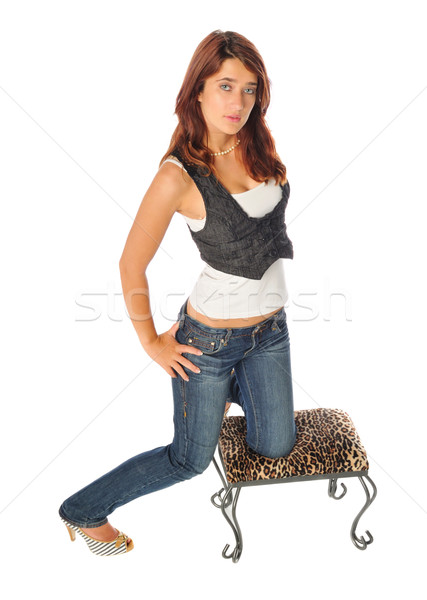 Foto stock: Atraente · mulher · jovem · banquinho · conjunto · branco · moda