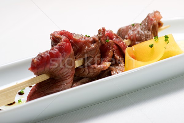 [[stock_photo]]: Brochette · boeuf · mangue · alimentaire · vert · blanche