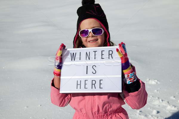 Zimą tutaj slogan dziewczyna kobieta górskich Zdjęcia stock © pedrosala