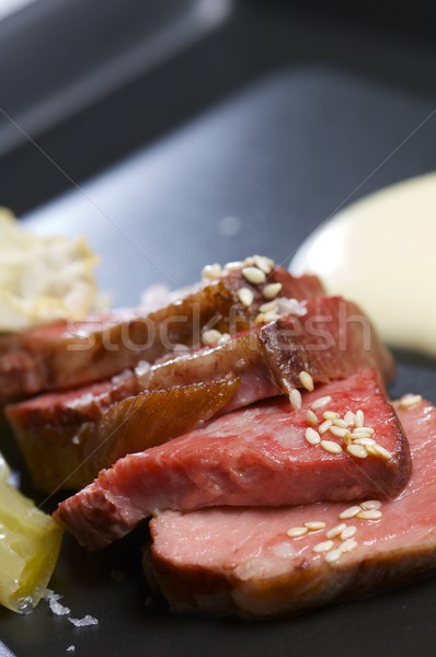 Stock foto: Steak · Gemüse · Sauce · wenig · Samen · Abendessen