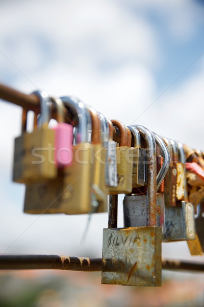 Stock foto: Liebe · Ansicht · Zaun · Metall · Brücke · Schlüssel