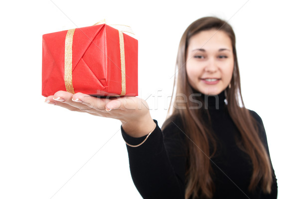 Menina oferecer apresentar vermelho caixa isolado Foto stock © pekour