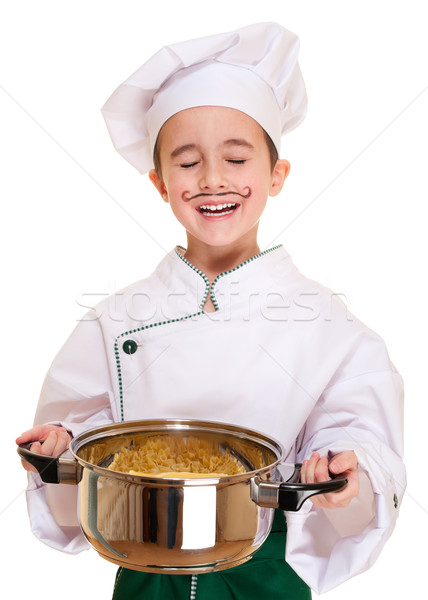 [[stock_photo]]: Rire · garçon · pot · mains · macaroni · isolé