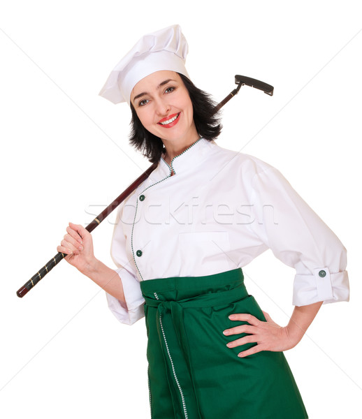 [[stock_photo]]: Belle · femme · chef · uniforme · golf · club · isolé