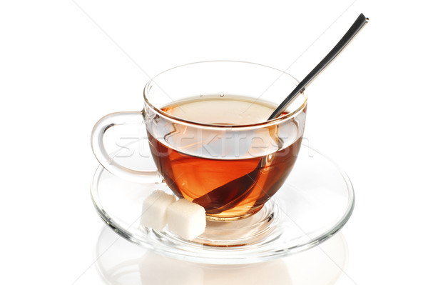 Nero tè vetro Cup cucchiaino da tè zollette di zucchero Foto d'archivio © pekour