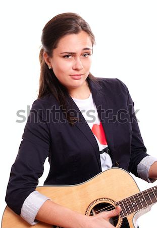 [[stock_photo]]: Cool · femme · chanteur · guitare · isolé · blanche