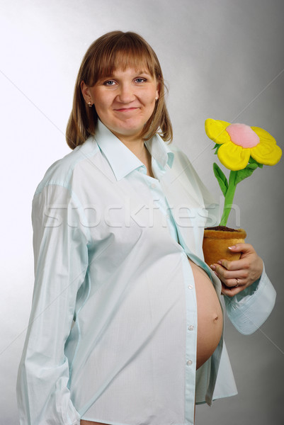 Ravasz terhes nő virágcserép férfi póló virág Stock fotó © pekour