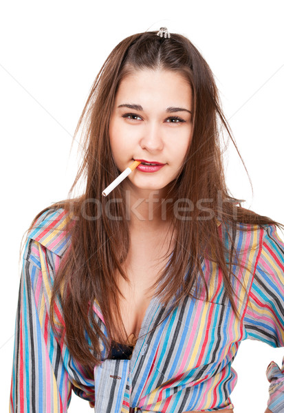 [[stock_photo]]: Drôle · jeune · femme · ménagère · cigarette · isolé · blanche