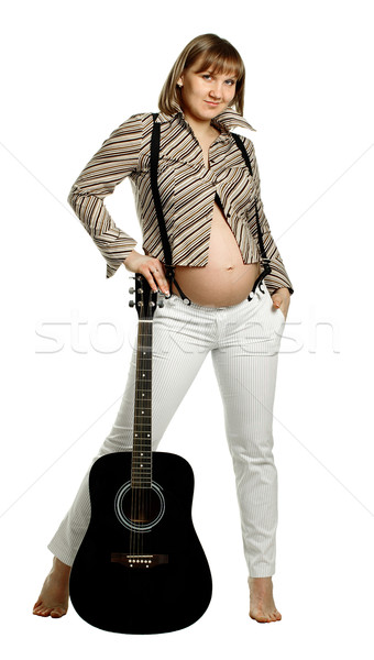 [[stock_photo]]: Femme · enceinte · guitare · isolé · blanche · femme · musique