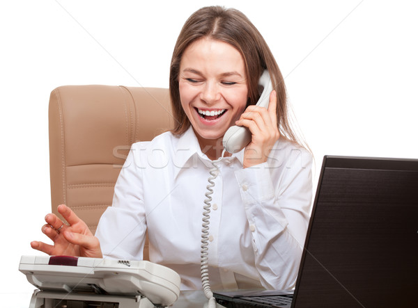 [[stock_photo]]: Heureux · téléphone · femme · bureau · travail · isolé · blanche