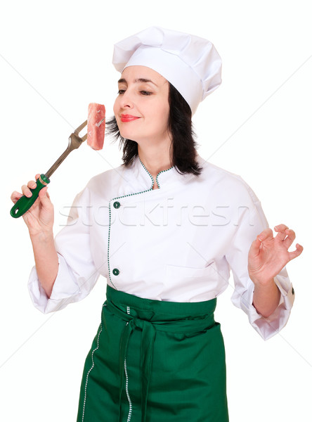 Bucătar-şef femeie miros proaspăt carne izolat Imagine de stoc © pekour