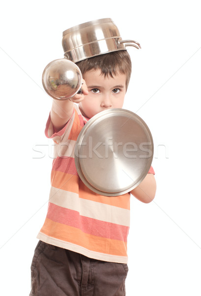 Wenig Junge spielen Ritter Küchengerät isoliert Stock foto © pekour
