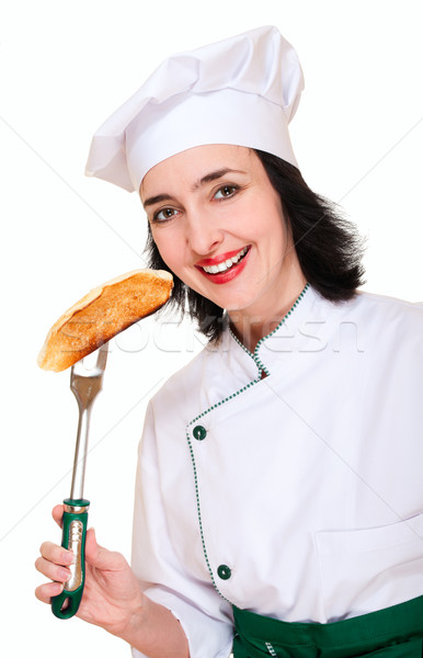 [[stock_photo]]: Belle · femme · chef · uniforme · Toast · isolé · blanche