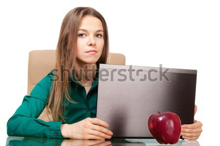 Gyönyörű nő irodai dolgozó laptop alma gyönyörű mosolygó nő Stock fotó © pekour