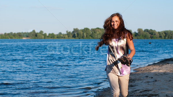 [[stock_photo]]: Jeune · fille · courir · rivière · banque · été