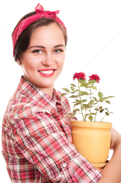 Mooie gelukkig huisvrouw hoofddoek bloempot steeg Stockfoto © pekour