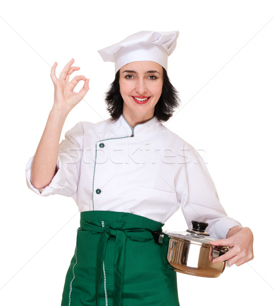 Mulher chef uniforme assinar panela Foto stock © pekour