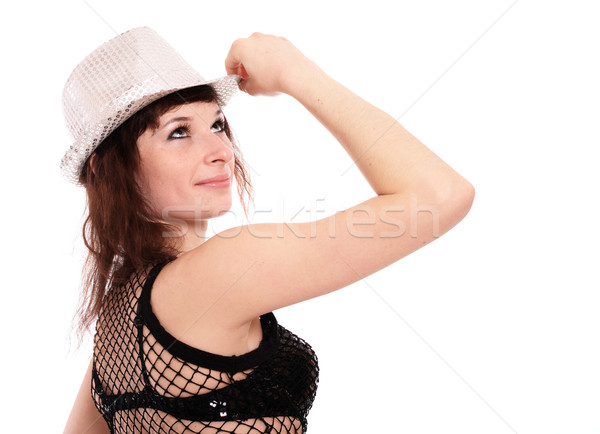 [[stock_photo]]: Portrait · danseur · femme · disco · chapeau · isolé