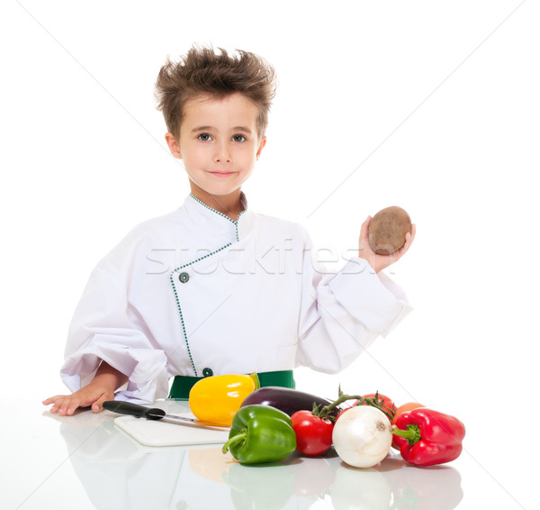 Foto stock: Pequeno · menino · chef · uniforme · faca · cozinhar