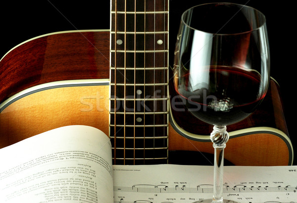 Gitár könyv borospohár üveg labda piros Stock fotó © pekour
