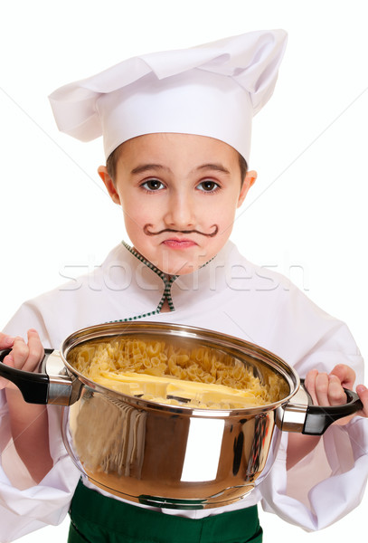 [[stock_photo]]: Peu · malheureux · Cook · pot · pâtes · isolé