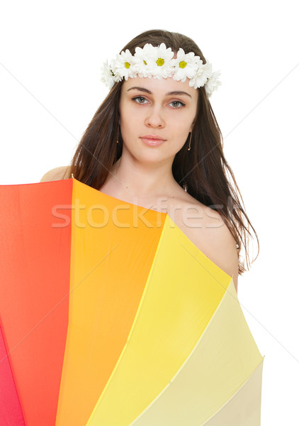 Młoda kobieta rumianek wieniec kolorowy parasol odizolowany Zdjęcia stock © pekour