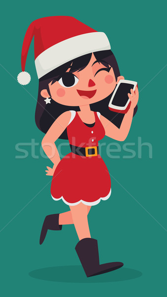 Рождества девушки ходьбе говорить телефон Cartoon Сток-фото © penguinline