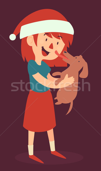 Christmas Girl Standing and Holding her new Puppy Stock photo © penguinline