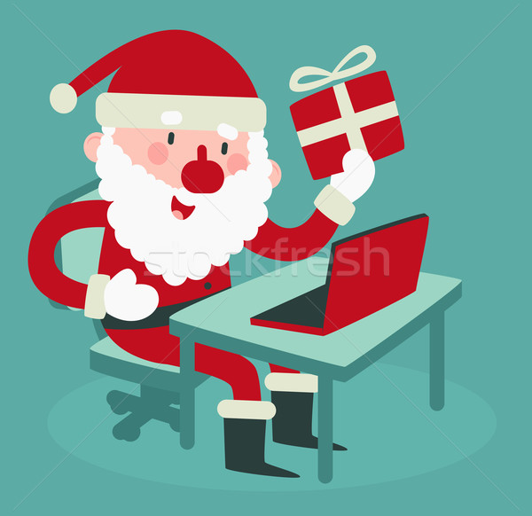 Cute Santa Holding a Gift At the Computer Stock photo © penguinline