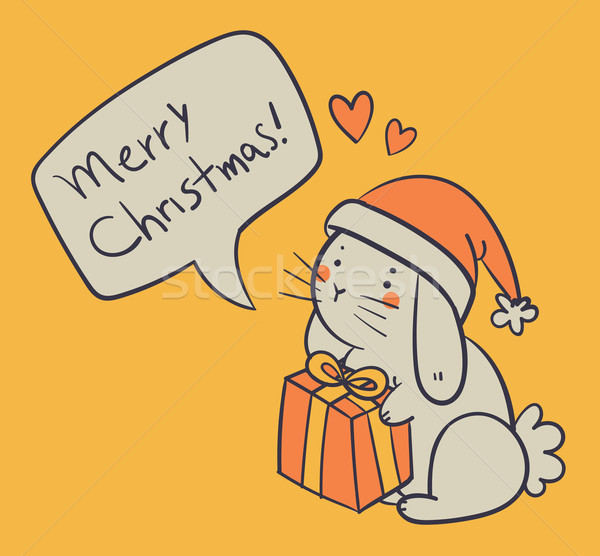 Hand Drawn Bunny Holding a Present and Wishing a Merry Christmas Stock photo © penguinline