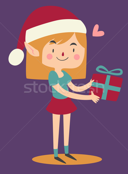 Cartoon Elf Holding a Wrapped Git Box Stock photo © penguinline