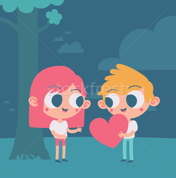Cute Couple Trading a Heart Under a Tree Stock photo © penguinline