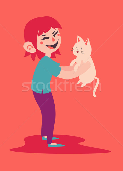 счастливая девушка ПЭТ кошки Cartoon девушки Сток-фото © penguinline