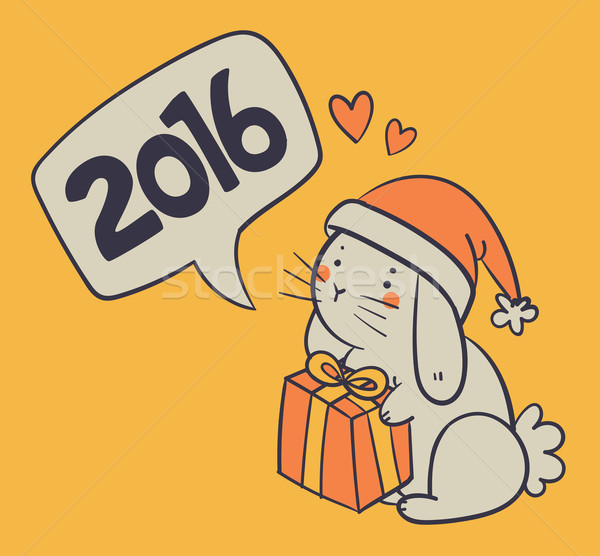 Hand Drawn Bunny Holding a Present and Wishing a Happy New Year Stock photo © penguinline