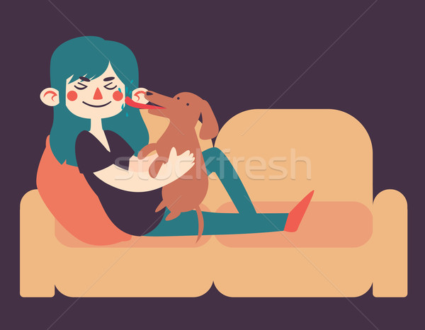Menina cão sofá desenho animado amado Foto stock © penguinline