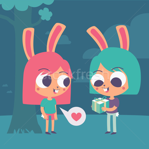 Cute Bunny Couple Trading a Present Under a Tree Stock photo © penguinline