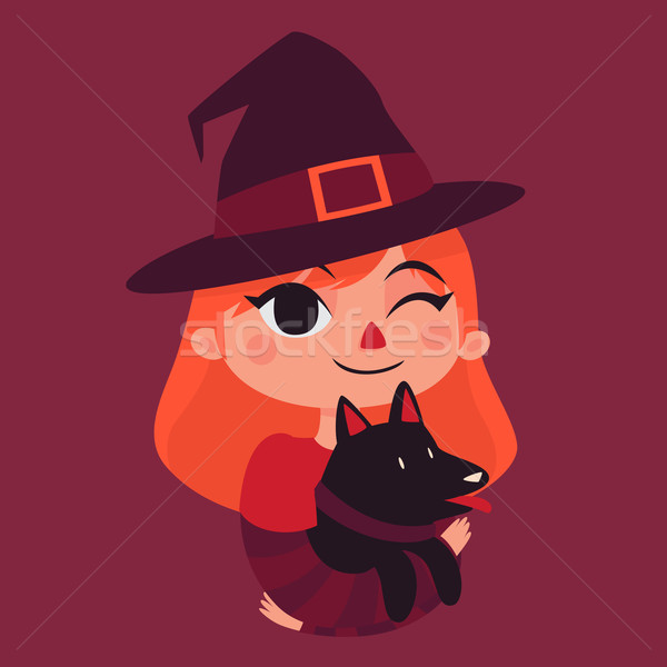 Witch Girl Holding a Black Dog Stock photo © penguinline